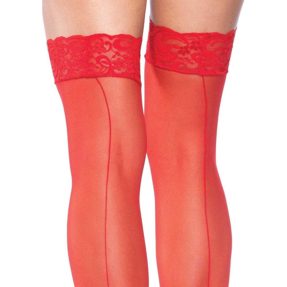 Leg Avenue Sheer Thigh Highs With Lace Tops Red  UK 6 to 12