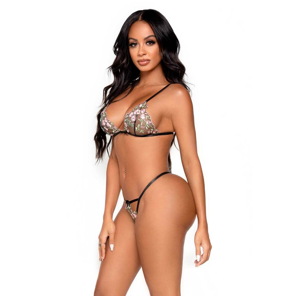 Leg Avenue Floral Sheer Bra and G-String Black
